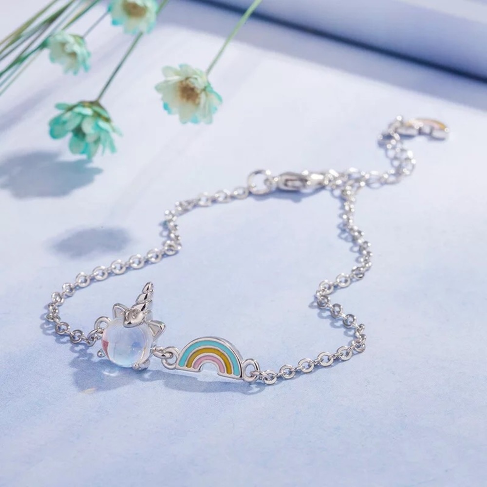 New Moonstone Unicorn & Rainbow Silver Chain Bracelet